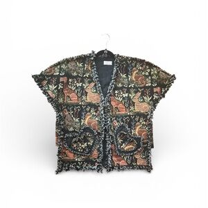 Animal Print Tapestry Fringed Cardigan